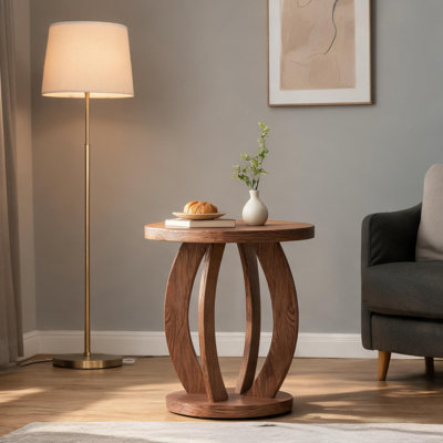 Table de chevet avec plateau en bois massif et structure en panneaux de particules, utilisable dans la chambre ou le salon.