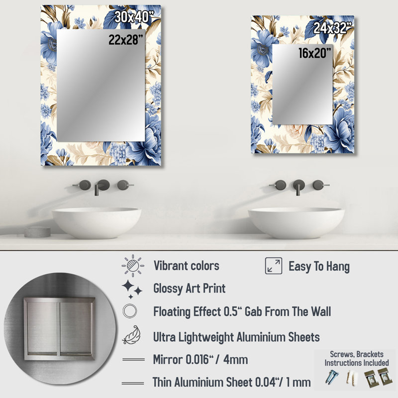 Motif victorien rococo bleu de Laird - cobalt victorien - miroir mural floral, miroir décoratif floral, impression d'art en métal