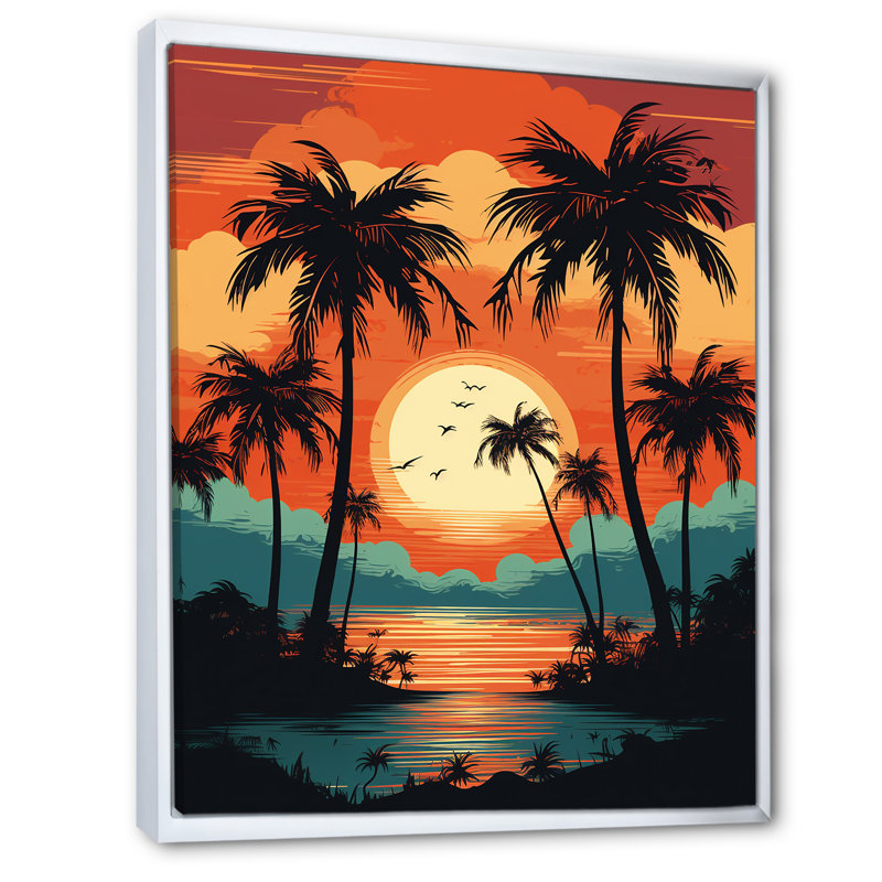 Soleil couchant sur des palmiers, illustration rétro sur toile, Cadre flottant blanc, H 20 po x l 12 po x P 1 po