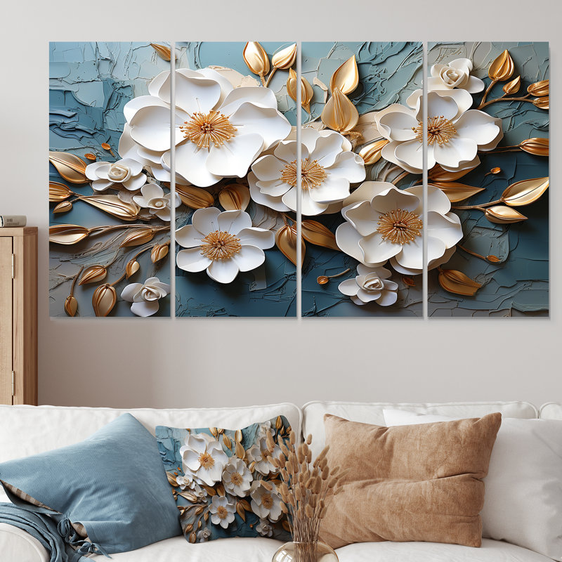 Ensemble de 4 décorations murales blanches et dorées avec fleurs de printemps élégantes, H 28 po x l 48 po