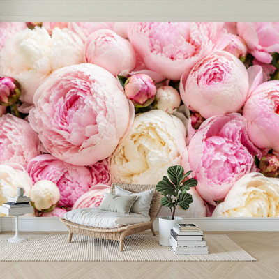 Wall Mural Peel and Stick Wallpaper Soft Pink Peony Flower Bouquet Petals Romantic Blooming Style Self-Adhesive Removable Contact Paper Wall Decor for Living Room Bedroom 100"H x 144"W
