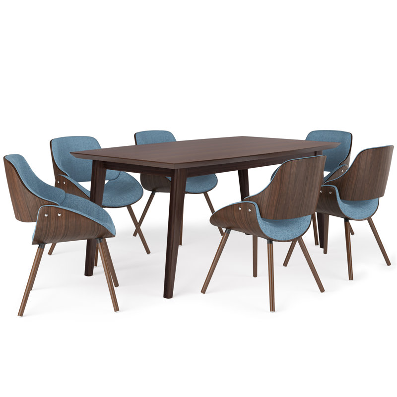 Malden / Draper 7-Piece Mid-Century Dining Set with Solid Hardwood Table and 6 Upholstered Chairs, Denim Blue