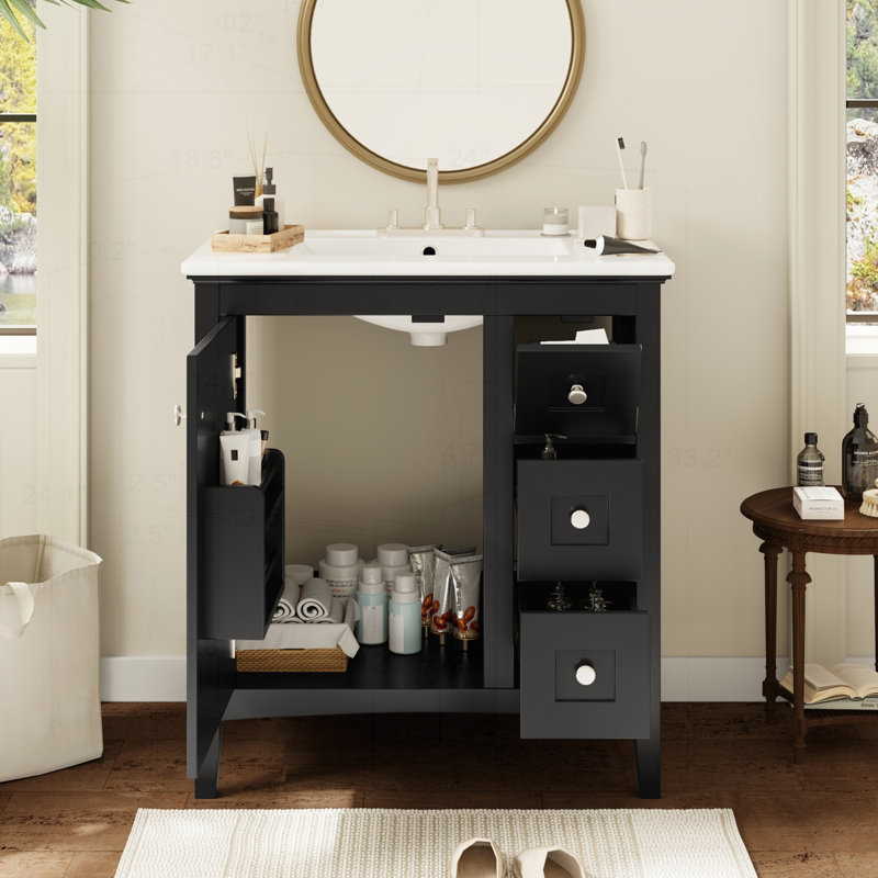 Meuble-lavabo moderne avec lavabo en céramique et rangement spacieux, idéal pour un espace de salle de bain élégant et fonctionnel.