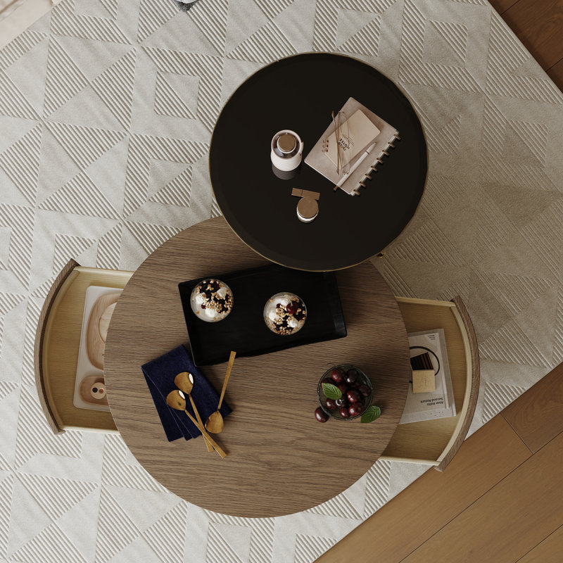 Table basse ronde avec 2 tiroirs de rangement, Bois brun, Doré