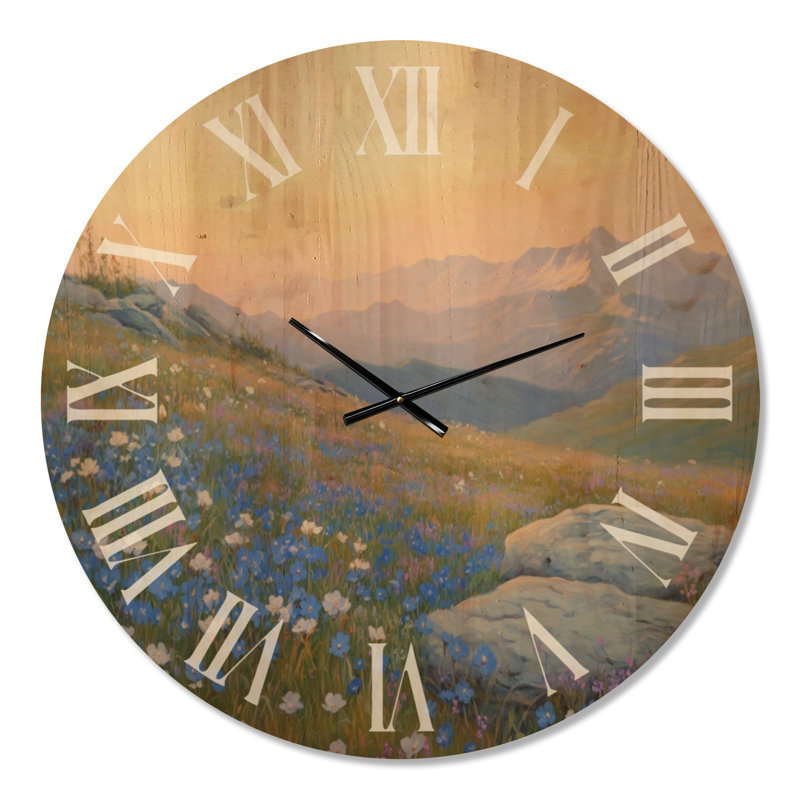 Horloge murale ronde Alpine Morning Meadow - Cottage Bleu, imprimée sur bois, Très grand