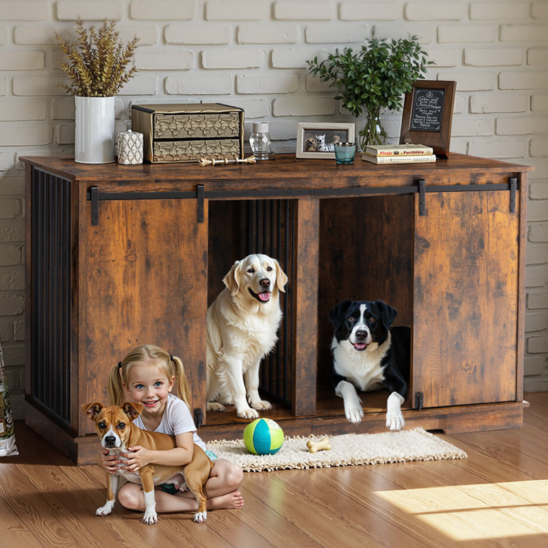 Grand meuble pour cage de chien avec séparateur amovible pour 2 chiens, meuble télé en bois, cage pour animal de compagnie à double cage avec portes de grange, chenil en acier robuste
