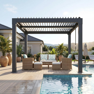 Louvered Pergola with Adjustable Roof, 10' x 10' Reinforced Aluminum Frame & Integrated Drainage Outdoor Gazebo for Patio, Garden, Backyard, Dark Gray