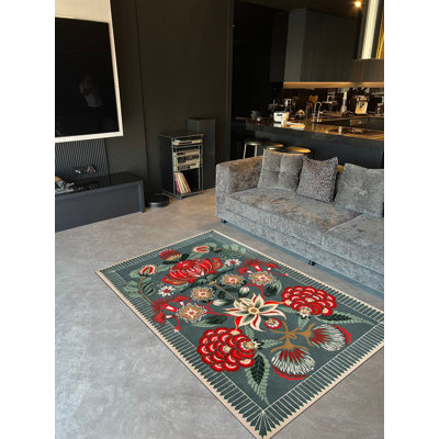 Tapis multicolore à motif floral vert et rouge