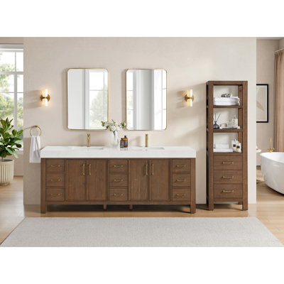 Meuble-lavabo double Frederica de 213 cm (84 po) en épicéa brun vieilli avec comptoir en pierre composite et miroir