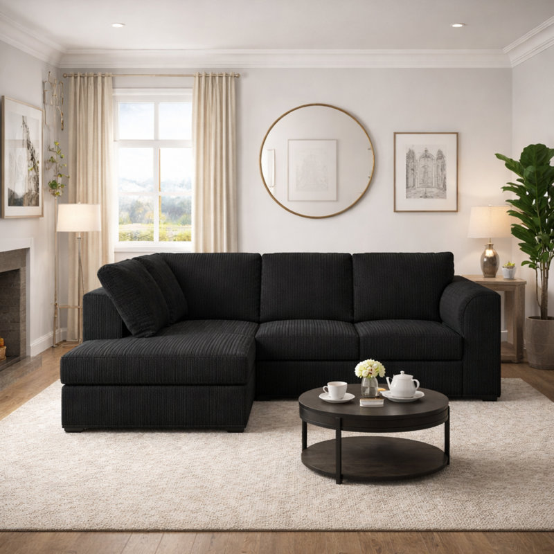 4 Seater Corduroy Corner Sofa , Black, Left Hand Facing