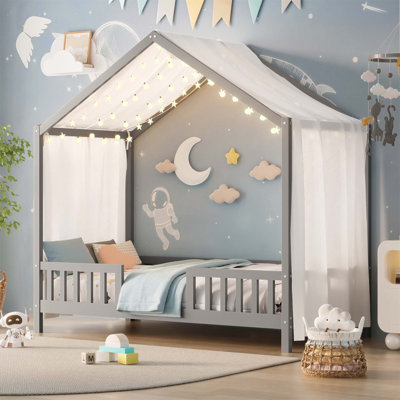 Lit de sol avec baldaquin Montessori, structure de lit pour tout-petits en forme de maison avec de hautes rampes, lit pour enfants en bois pour plus de sécurité et de style