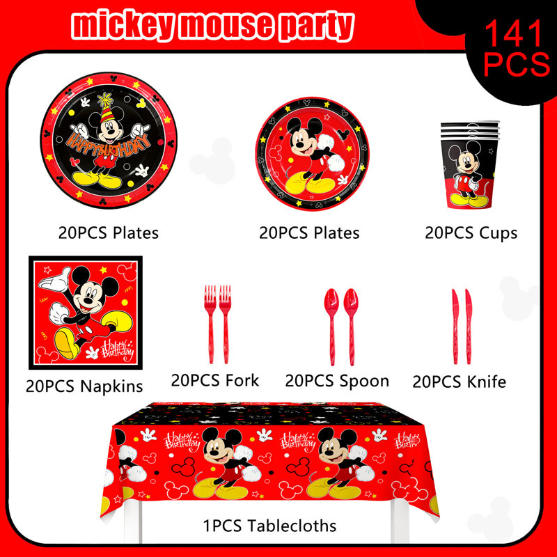 Mickey Mouse Party Supplies, 141pcs Mickey Mouse Birthday Tableware Set