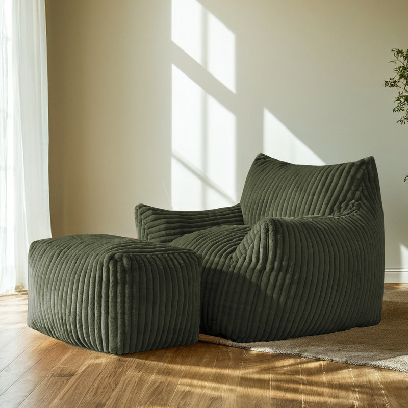 Large Corduroy Compression Bean Bag Chair with Ottoman Memory Foam Lazy Floor Sofa, Green Polyester Blend