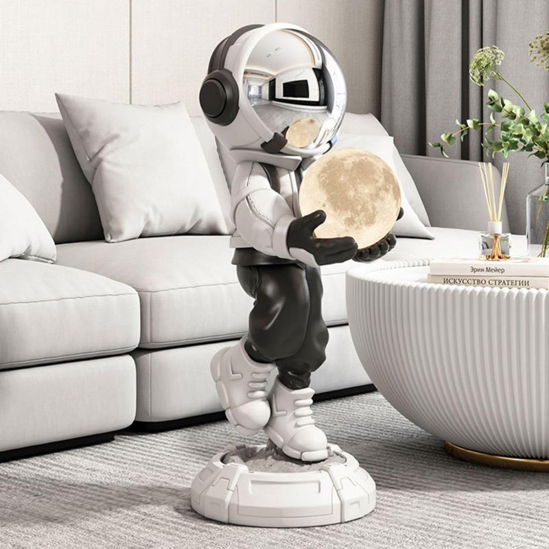 Large Astronaut Sculpture Figurine With LED Ball Lamp And USB Charging - Modern Home Decor Art Piece For Living Room, Office, Or Study