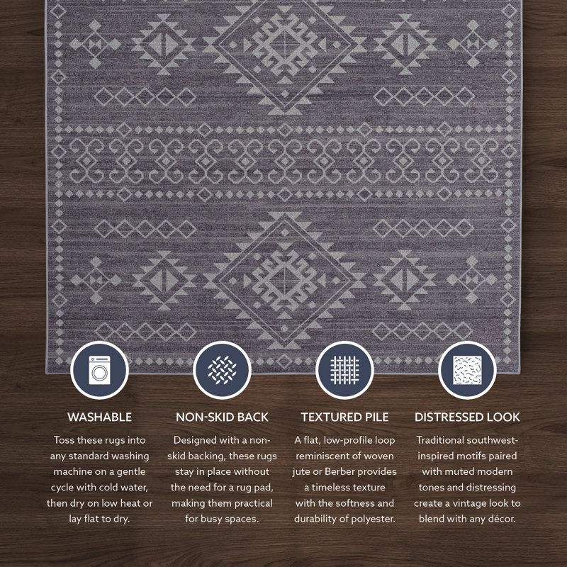 Maril Ivan Washable Grey And Ivory Runner Rug, Rectangle 3' x 5'