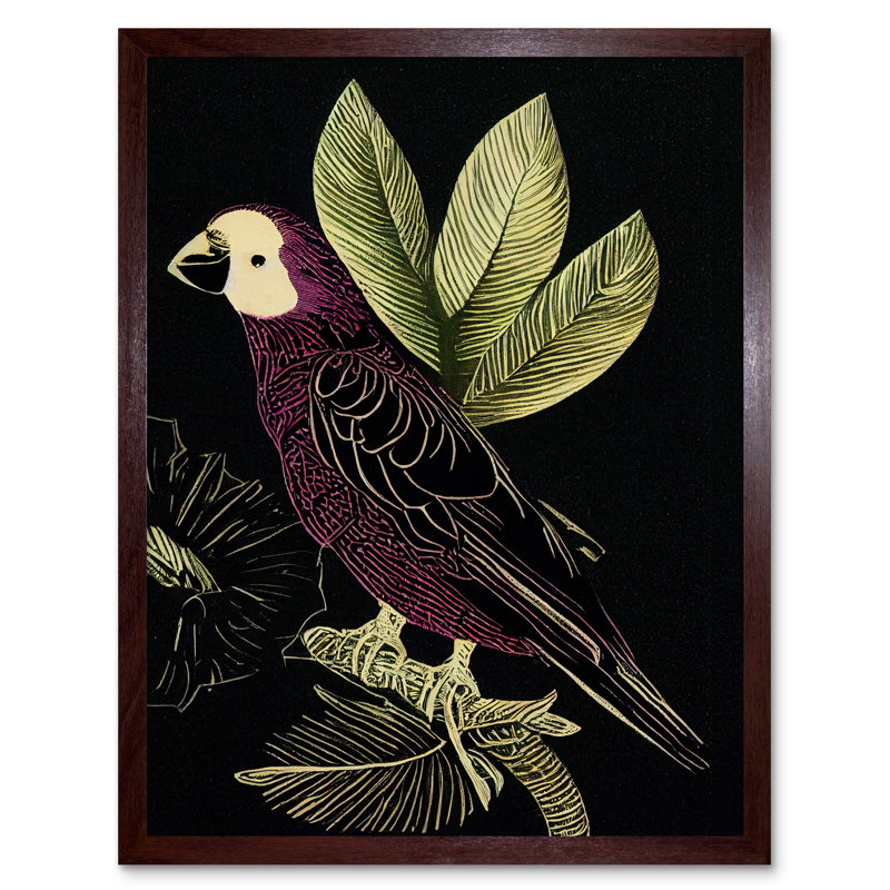 Parrot Leaves Tree Branch Vintage Linocut - Print, 43cm H x 33cm W x 2cm D, Brown Framed Unframed