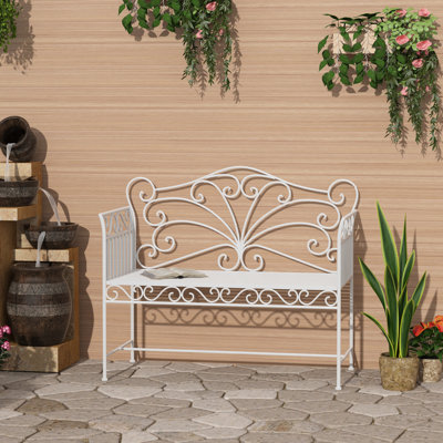43" Garden Bench With , Outdoor Metal Patio In Cream White For Backyard, Poolside, Lawn, And Stylish Heavy Duty Bench, White, Fits Backyard