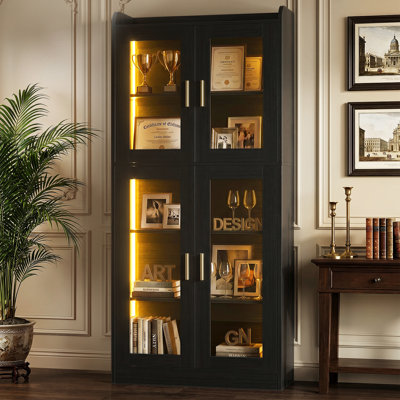 67" Tall Glass Display Bookcase, 5-Tier Storage Shelves With LED Lights, Bookshelf