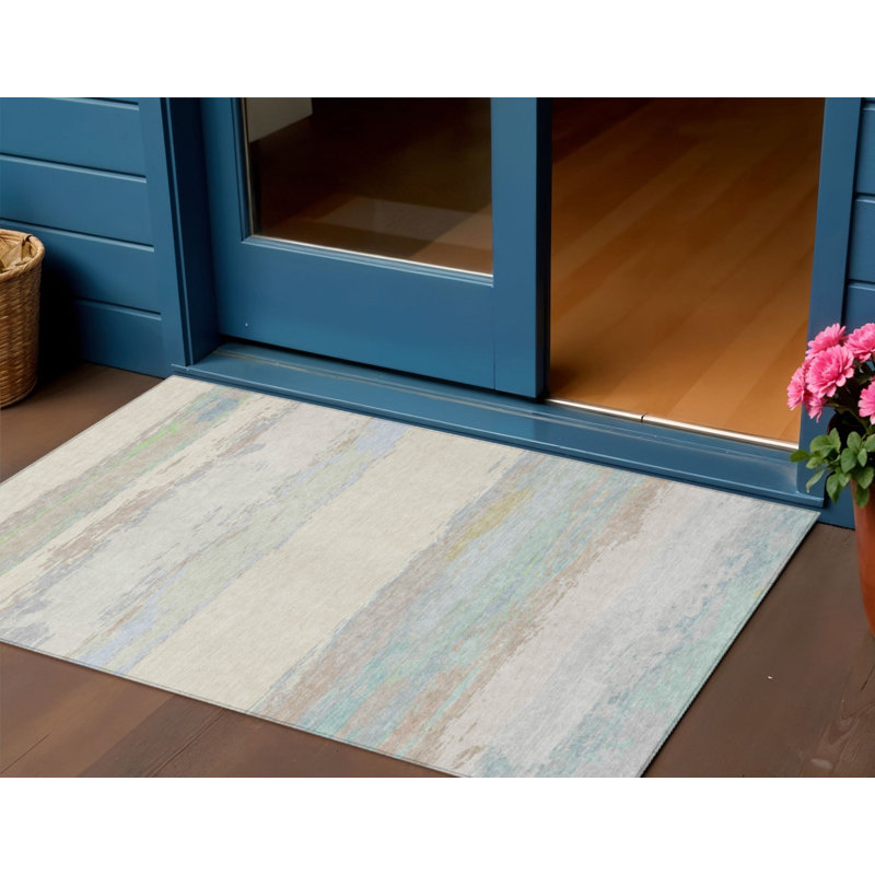 3' X 5' Ivory Abstract Washable Indoor Outdoor Area Rug