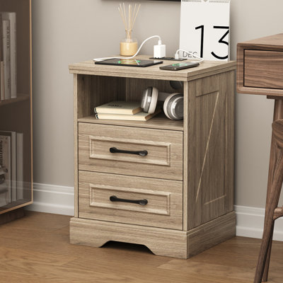 Farmhouse Nightstand With Charging Station, 2 Large Drawers & 2 USB ports with Open Storage