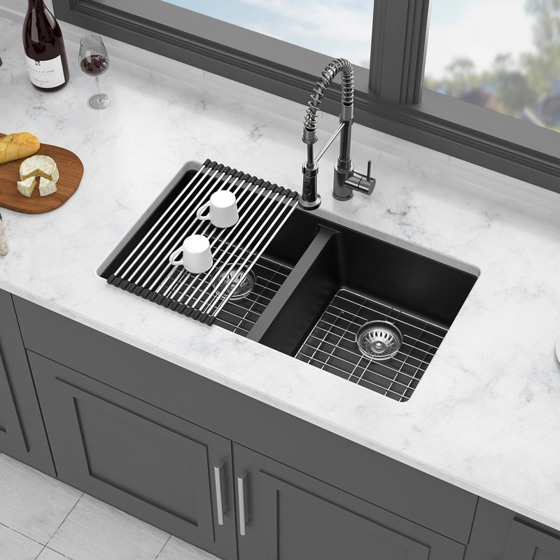 Quartz Kitchen Sink - 33" X 19" Black Granite Composite Undermount Kitchen Sink Double Bowl(50/50)
