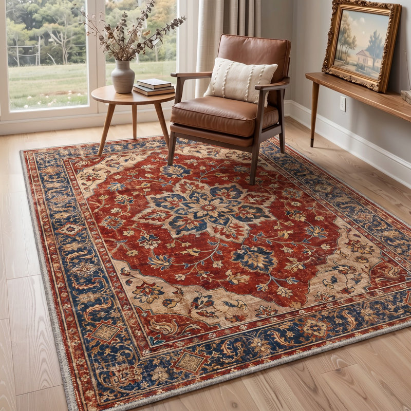 Tapis oriental rouge / beige lavable à la machine avec envers antidérapant, Rectangle 6 pi x 9 pi