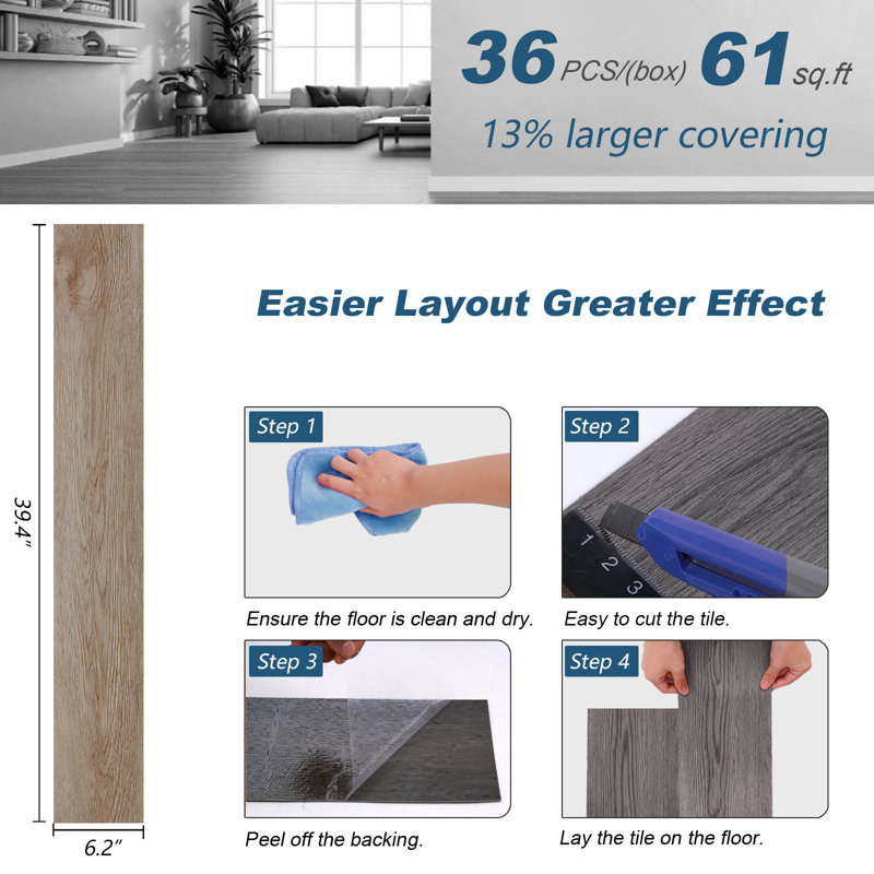 Plancher de vinyle auto-adhésif l 6,2 po x L 39,4 po auto-adhésif, Chêne du désert