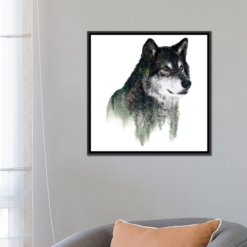 « loup i », impression sur toile, H 18 po x l 18 po x p 1,5 po, Toile avec cadre noir, Pas de tapis