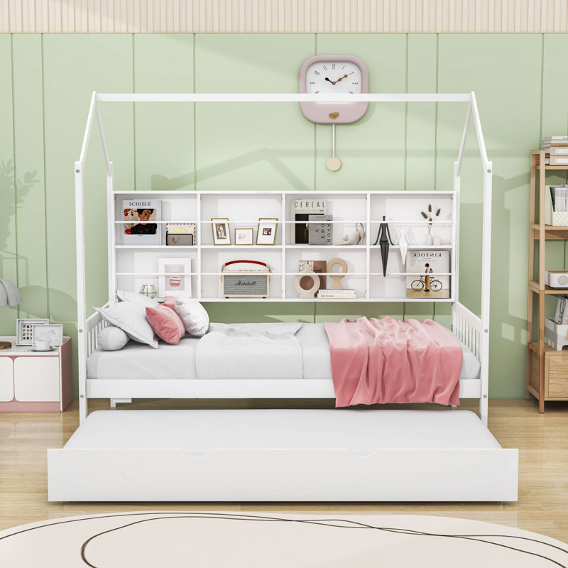 Lit de jour en bois avec couchette simple et tablette de rangement, Lit simple