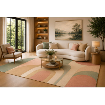 Tapis 6 pi 7 po x 9 pi 10 po vert sauge, pêche et crème à arches arrondies pour le salon, tapis doux à poils courts avec envers antidérapant pour la chambre à coucher, la salle à manger et le bureau