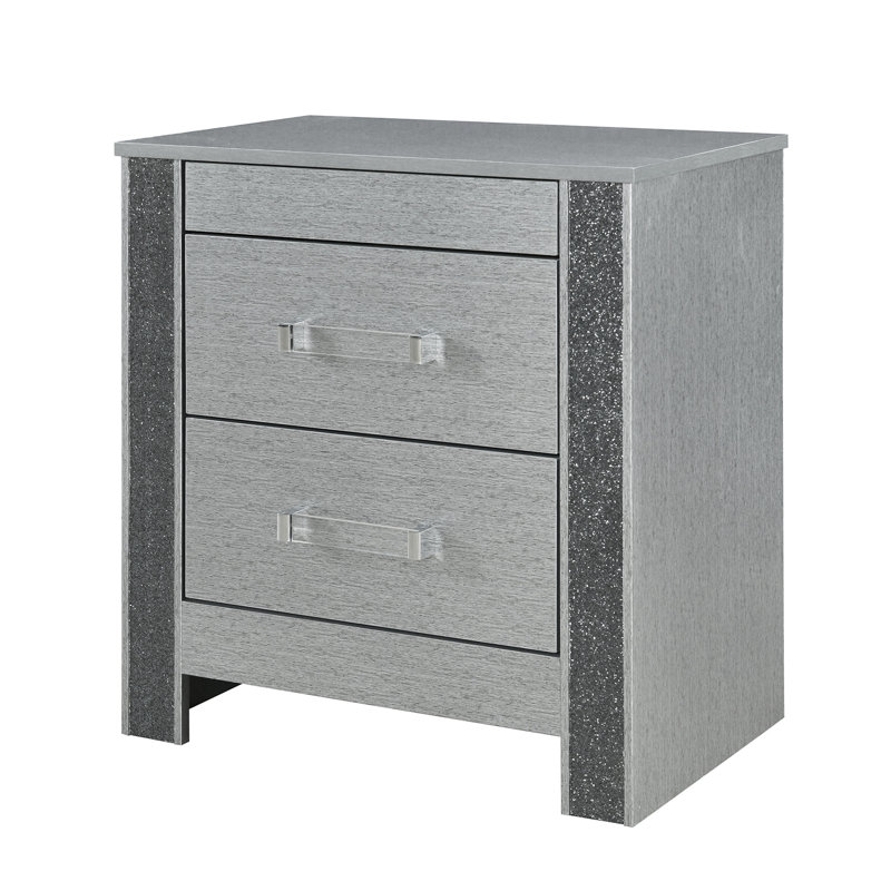 Table de chevet carrée argentée avec rangement pour bijoux caché et tiroir spacieux contemporain à 3 tiroirs