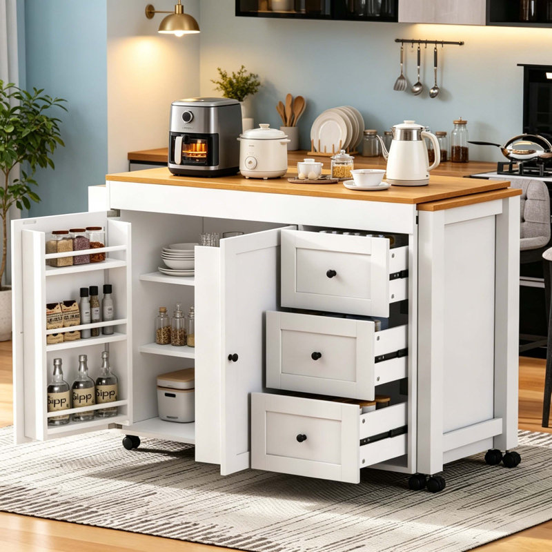 Rolling Kitchen Island with Extendable Drop-Leaf Dining Table, Built-In Power Station, Spice Rack & Adjustable-Shelf Storage Cabinet