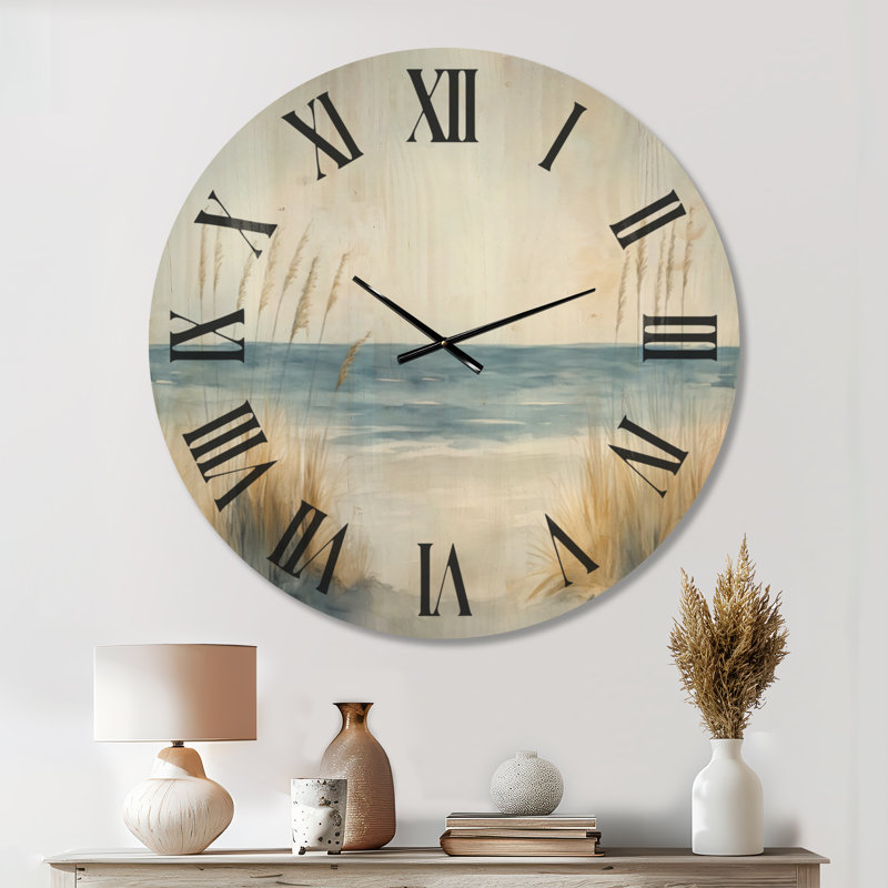 Horloge murale ronde Sea Oats Shore - Bleu côtier, imprimée sur bois massif, Très grand