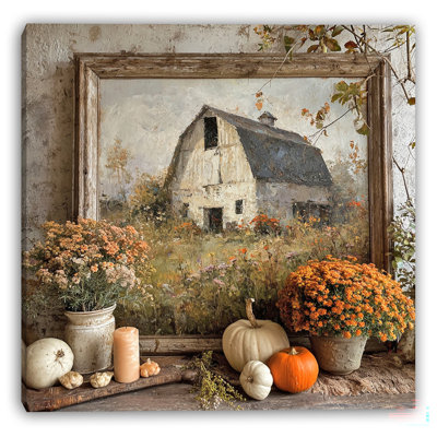 Barn and Autumn Flowers Wrapped Canvas Wall Art
