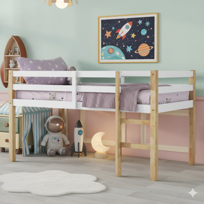 Solid Wood Twin Loft Bed Crafted From Rubberwood, Includes Ladder, Sleeping Platform Built With Reinforced Support Slats, Natural-White Finish