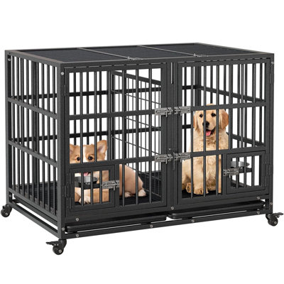 42 in Heavy Duty Metal Dog Crate for Large Dogs, Durable Indoor Dog Kennel with Double Doors, Locking Wheels, Removable Tray & Food Bowls