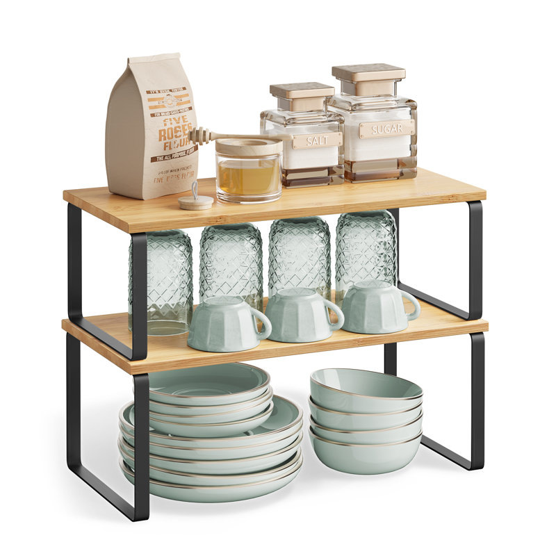 Stackable Cabinet Organizer Shelf (Set of 2), 11.7" W, Ink Black/Natural Beige