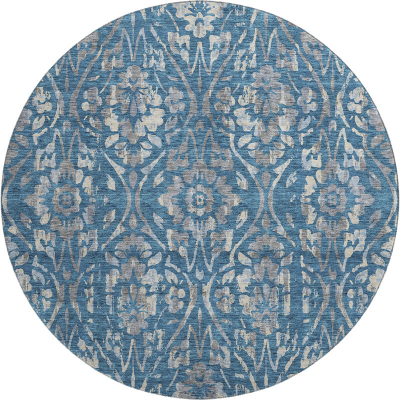 Premium Machine Washable Prisco Blue Rug, Round 8'