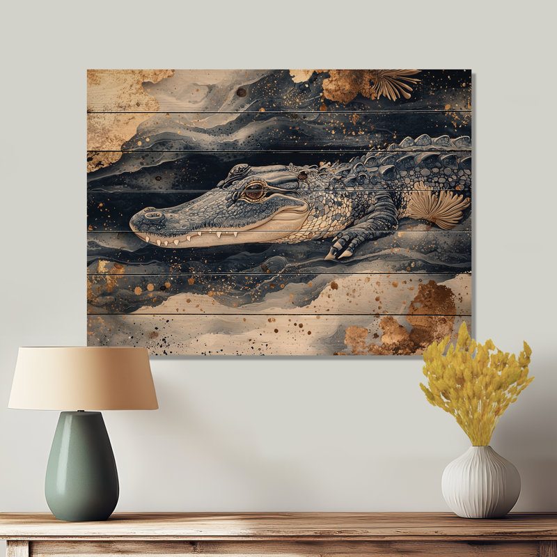 Alligator et reflets de marbre I - impression de crocodile sur bois de pin naturel, H 10 po x l 20 po x P 0,78 po