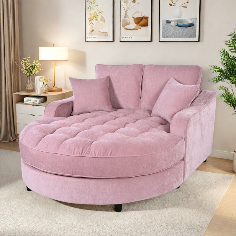 Modern Chaise Lounge Sofa With Tufted Seat And Detachable Pillows, Pink