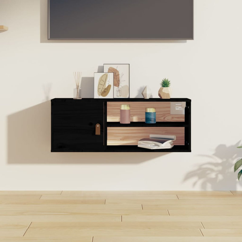 2 Piece Pine Solid Wood Floating Shelf, Black