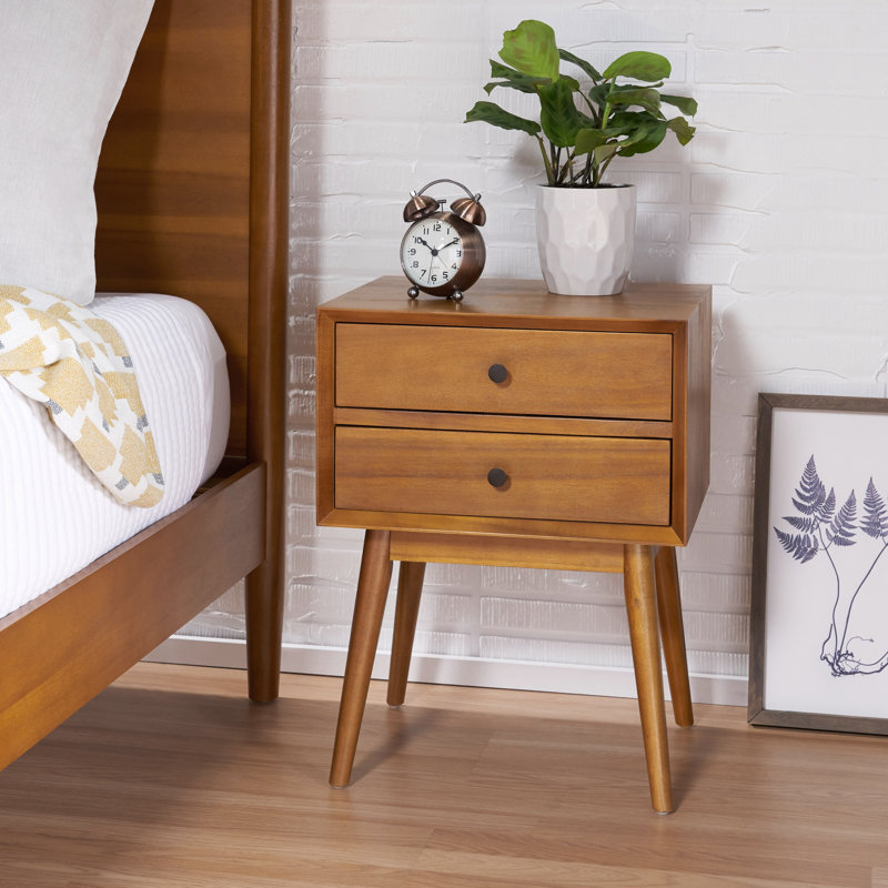 Table de chevet en bois d'acacia Romaro avec 2 tiroirs coulissants, Naturel