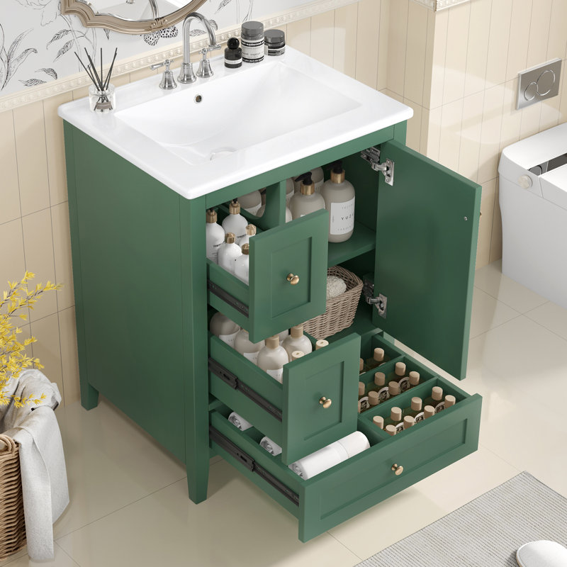 24-inch Bathroom Vanity With Storage, Adjustable Shelf, Mdf & Rubberwood, Removable Dividers, Glossy White Finish, Dark Green