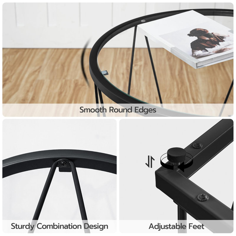 Black Round Glass Top Coffee Table Set with Metal Frame