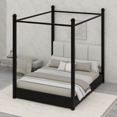 Lit plateforme à baldaquin avec tête de lit tapissier et structure en métal