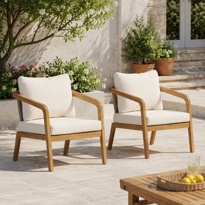 Fauteuil club d'extérieur en bois d'acacia avec dossier et coussins en osier PE (ensemble de 2) - Fauteuil d'appoint moderne pour balcon, bord de piscine et véranda