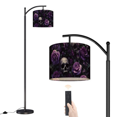Arc Floor Lamp with Adjustable Lampshade Dark Gothic Roses Skulls Purple Floral Standing Lamp 3 Color Temperatures Dimmable Tall Pole Lamp with Foot Switch for Bedroom