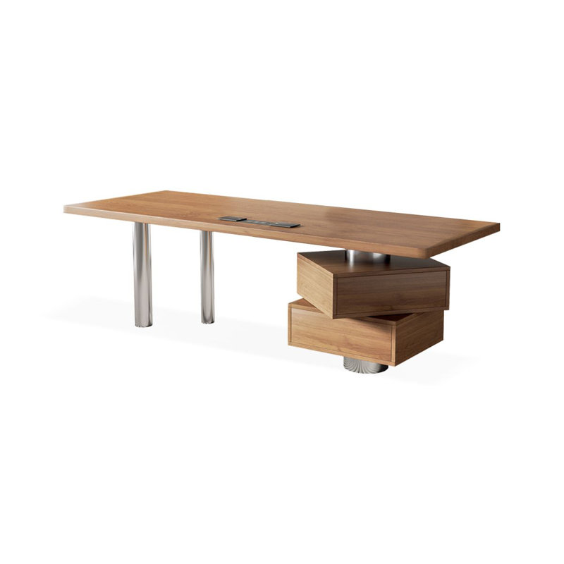 Bureau à 2 tiroirs brun noyer + argent massif rectangulaire + acier inoxydable avec 2 tiroirs, Retour à gauche