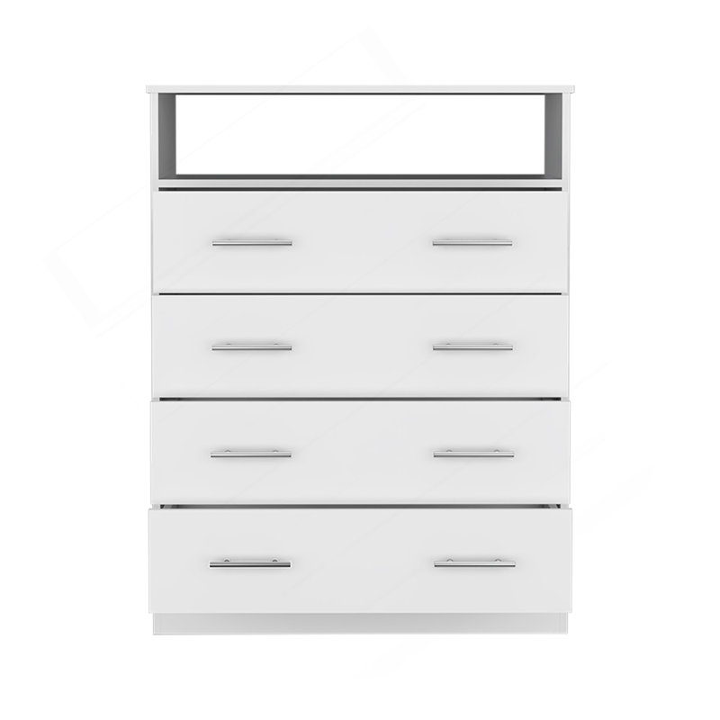 Commode à quatre tiroirs, plateau supérieur, une tablette ouverte, blanc, Blanc