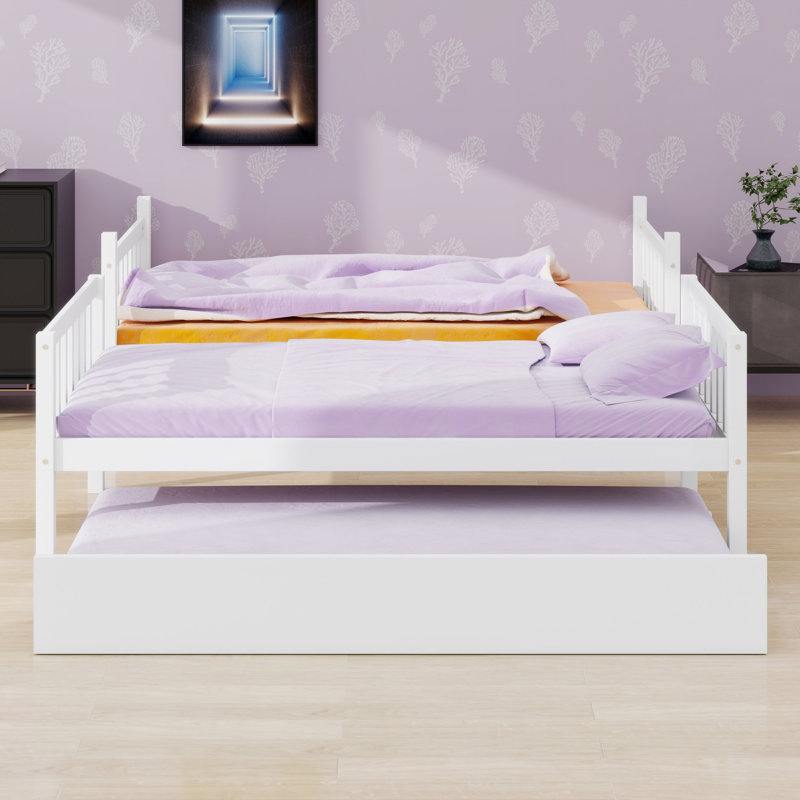 Rubber Wood Bunk Bed Including Trundle, Ladder, Guardrails, White
